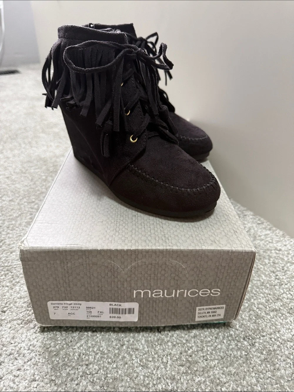 Maurices Black Fringe Wedge Moccasin Ankle Boots
